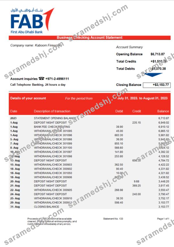 FAB Bank company statement Word and PDF template